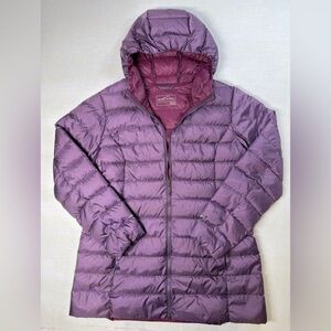 Eddie Bauer Parka Puffer Womens XL Purple Hooded EB650 Down Long Quilted Outdoor